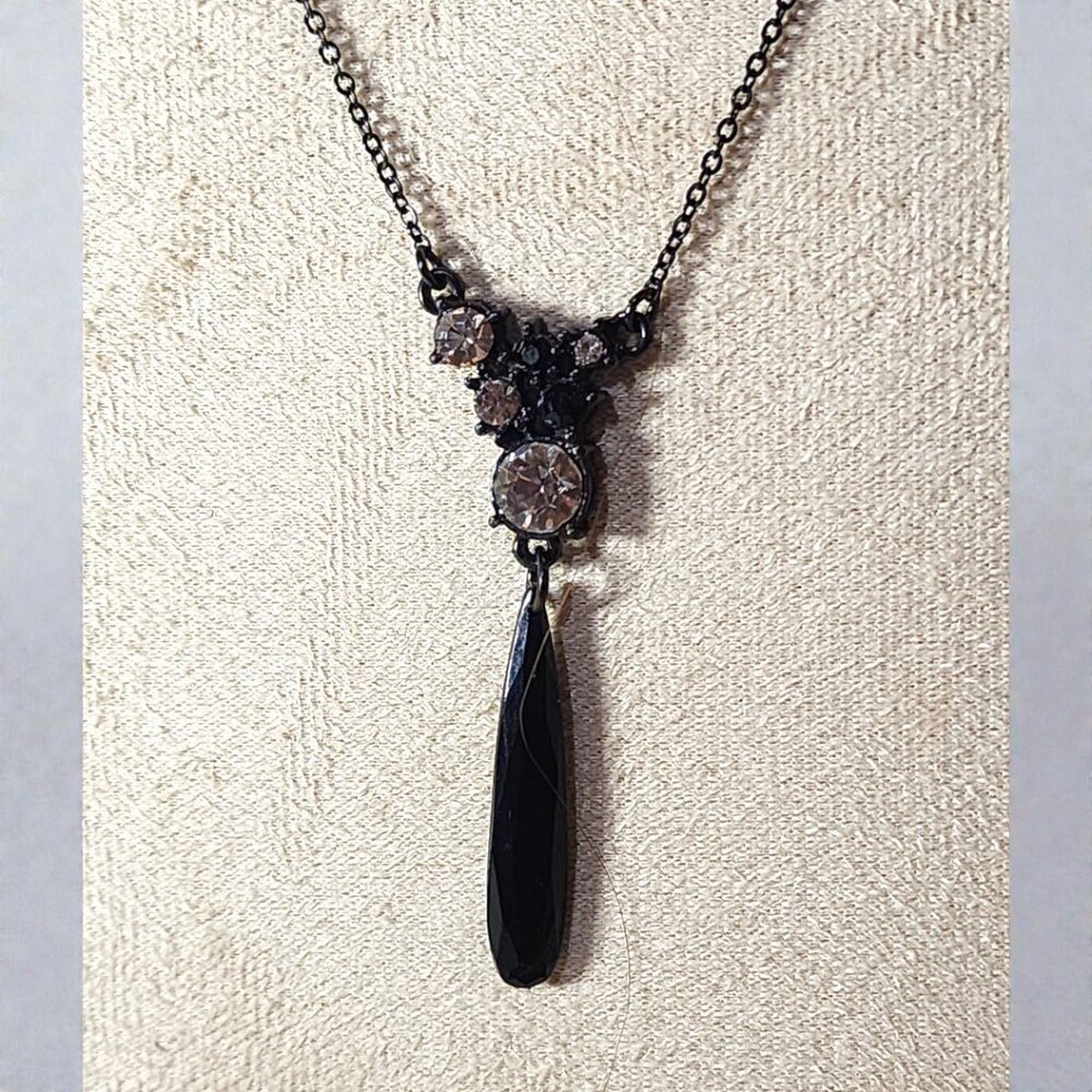 Vintage Avon Gunmetal Y-Necklace - Black Teardrop & Rhinestone Lariat - Goth Gla